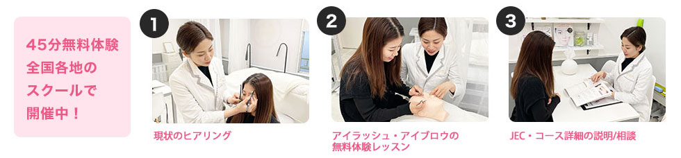 1.現状のヒアリング　2.アイラッシュ・アイブロウの無料体験レッスン　3.JEC・コース詳細の説明/相談